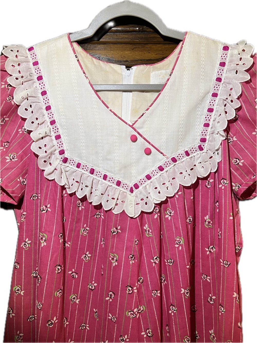 70s Sears Hawaii Pink Floral Vintage Muumuu with Lace Yoke